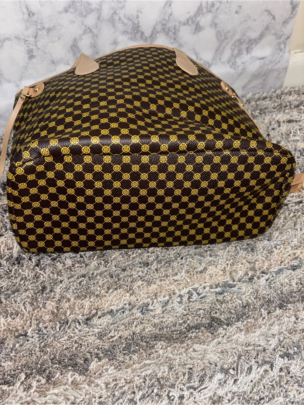 Brown Patterned Tote Bag with Tan Trim